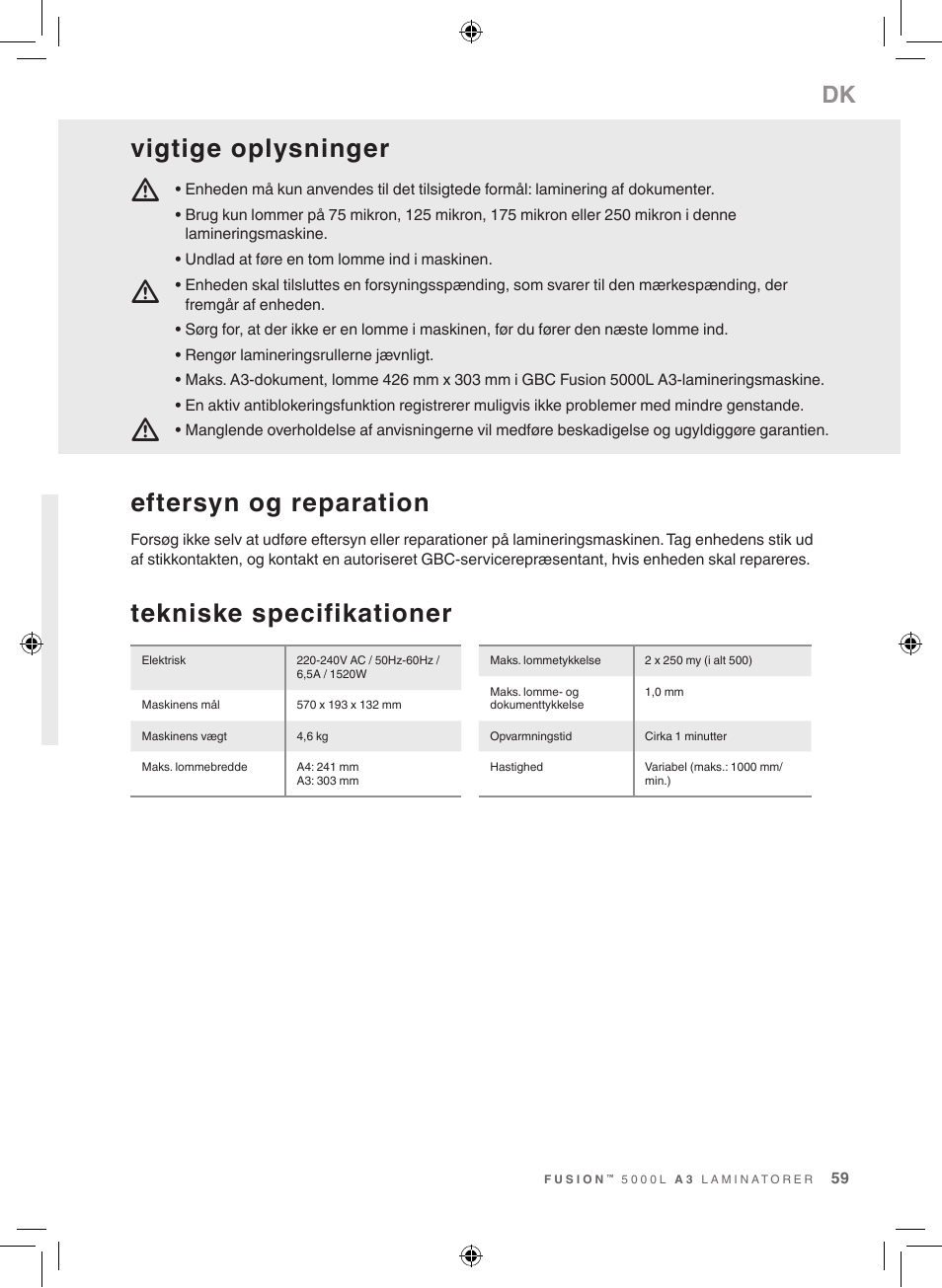 Tekniske specifikationer, Eftersyn og reparation, Vigtige oplysninger | GBC 5000L EU Fusion User Manual | Page 59 / 108