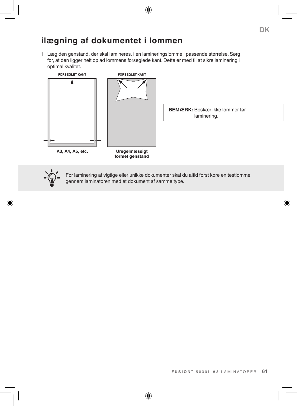Ilægning af dokumentet i lommen | GBC 5000L EU Fusion User Manual | Page 61 / 108