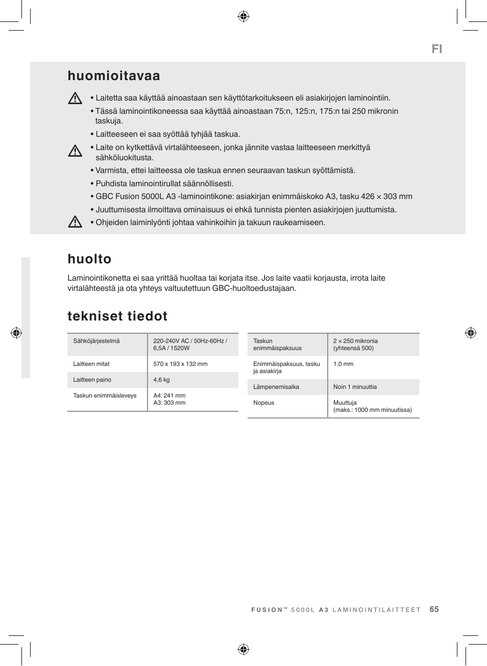 Tekniset tiedot, Huolto, Huomioitavaa | GBC 5000L EU Fusion User Manual | Page 65 / 108