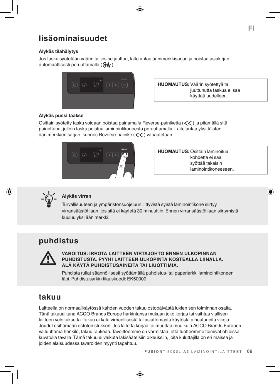 Lisäominaisuudet, Puhdistus, Takuu | GBC 5000L EU Fusion User Manual | Page 69 / 108