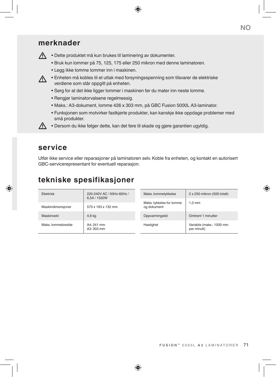 Tekniske spesifikasjoner, Service, Merknader | GBC 5000L EU Fusion User Manual | Page 71 / 108
