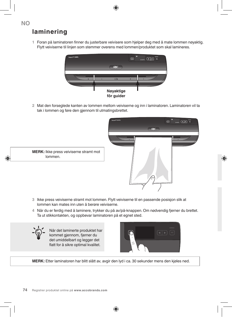 Laminering | GBC 5000L EU Fusion User Manual | Page 74 / 108