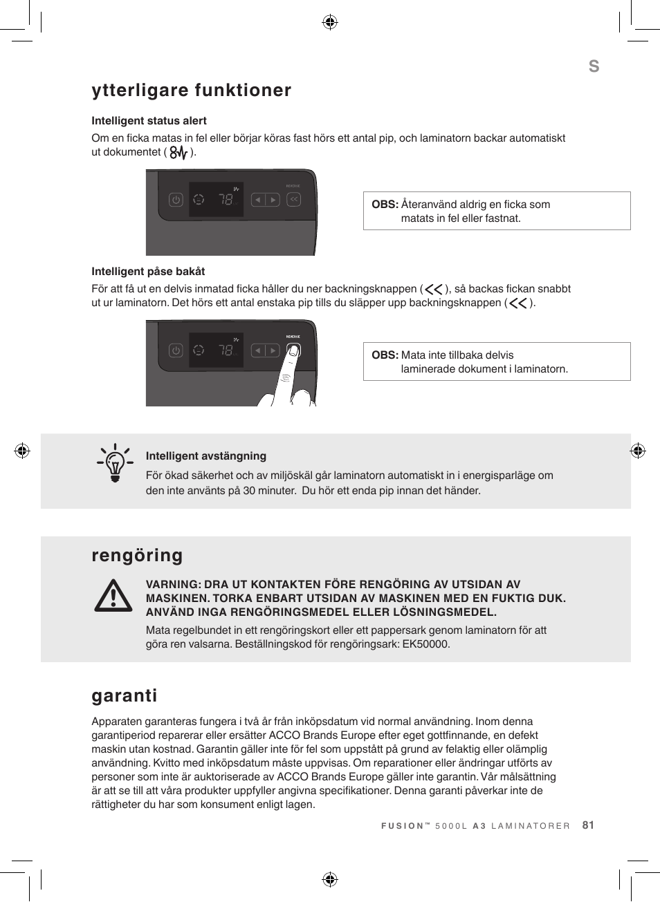 Ytterligare funktioner, Rengöring, Garanti | GBC 5000L EU Fusion User Manual | Page 81 / 108