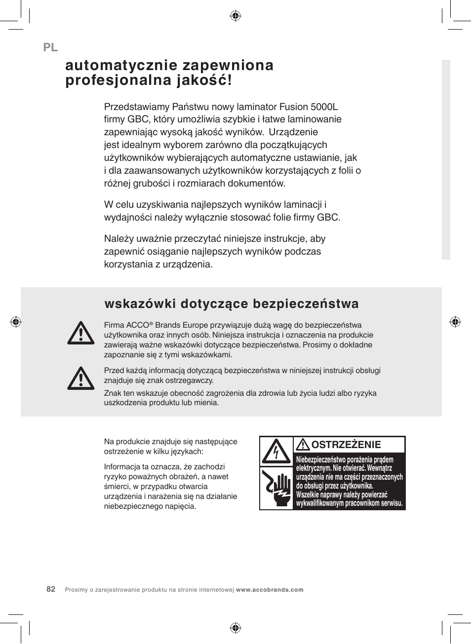 Automatycznie zapewniona profesjonalna jakość, Wskazówki dotyczące bezpieczeństwa | GBC 5000L EU Fusion User Manual | Page 82 / 108