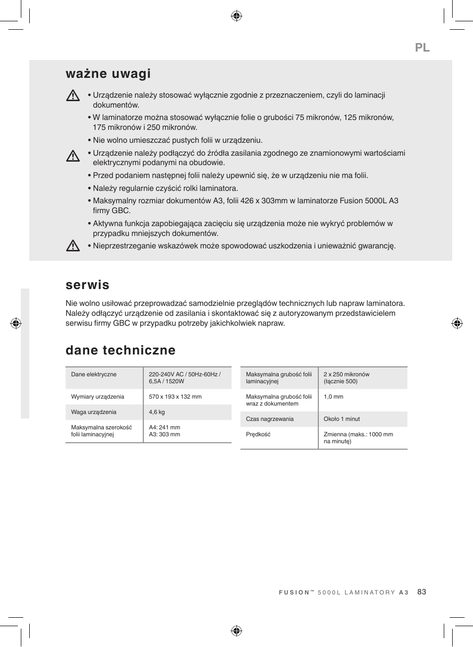 Dane techniczne, Serwis, Ważne uwagi | GBC 5000L EU Fusion User Manual | Page 83 / 108