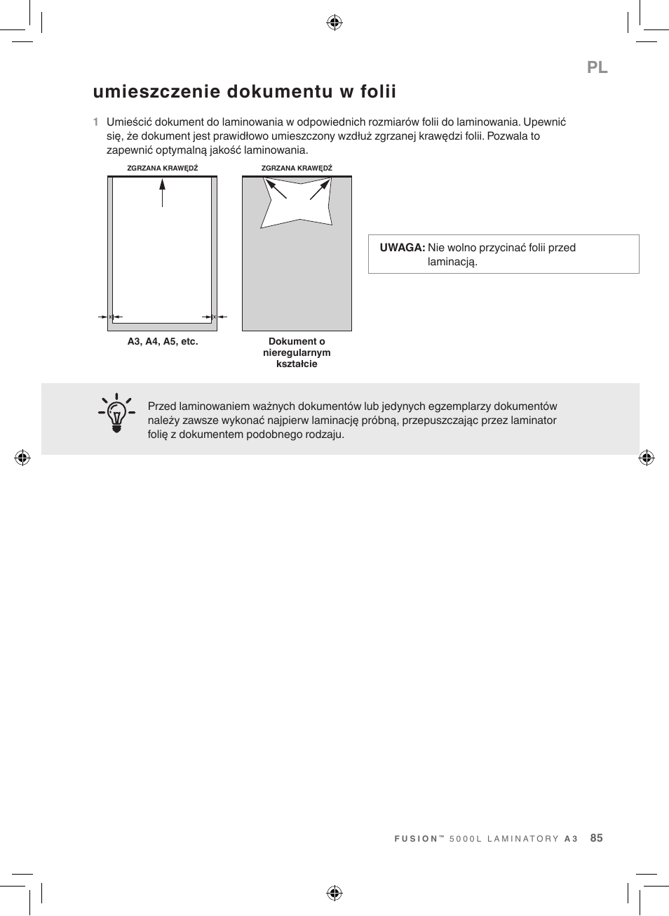 Umieszczenie dokumentu w folii | GBC 5000L EU Fusion User Manual | Page 85 / 108