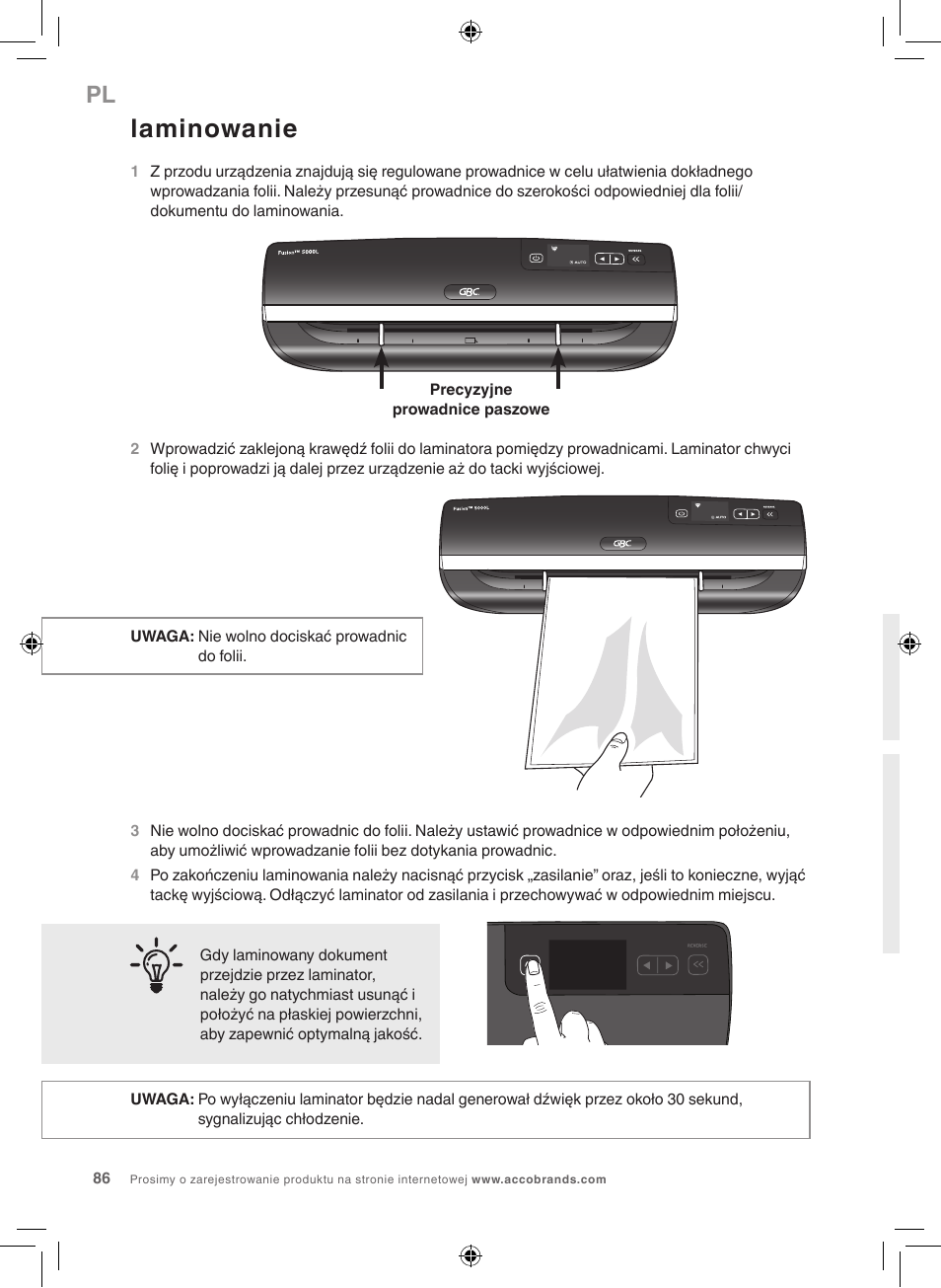 Laminowanie | GBC 5000L EU Fusion User Manual | Page 86 / 108