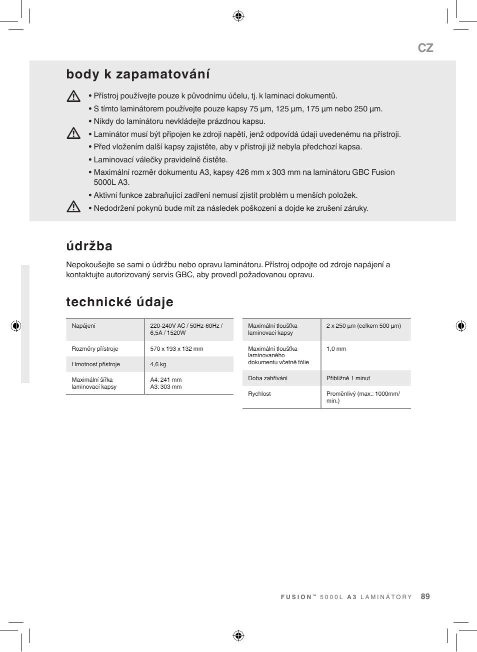 Technické údaje, Údržba, Body k zapamatování | GBC 5000L EU Fusion User Manual | Page 89 / 108