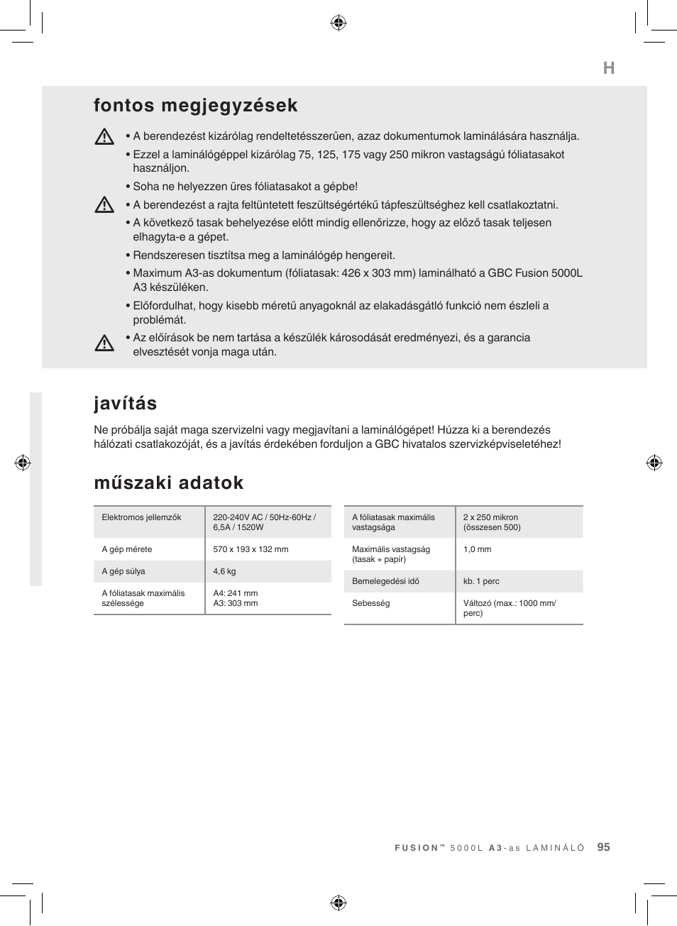 Műszaki adatok, Javítás, Fontos megjegyzések | GBC 5000L EU Fusion User Manual | Page 95 / 108