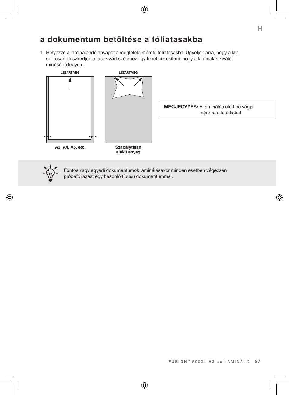 A dokumentum betöltése a fóliatasakba | GBC 5000L EU Fusion User Manual | Page 97 / 108
