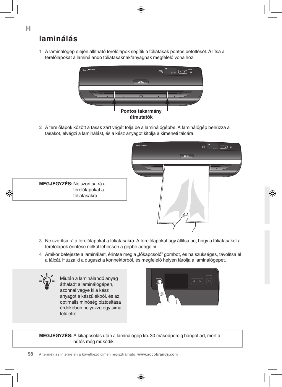 Laminálás | GBC 5000L EU Fusion User Manual | Page 98 / 108