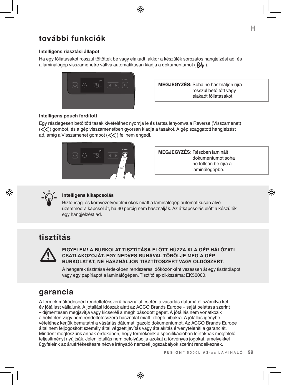 További funkciók, Tisztítás, Garancia | GBC 5000L EU Fusion User Manual | Page 99 / 108