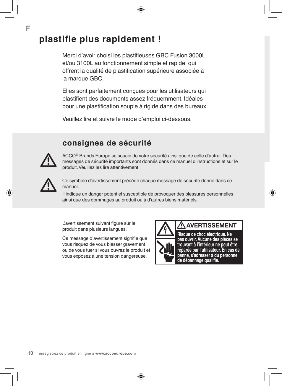 Plastifie plus rapidement, Consignes de sécurité | GBC 3100L EU Fusion User Manual | Page 10 / 108