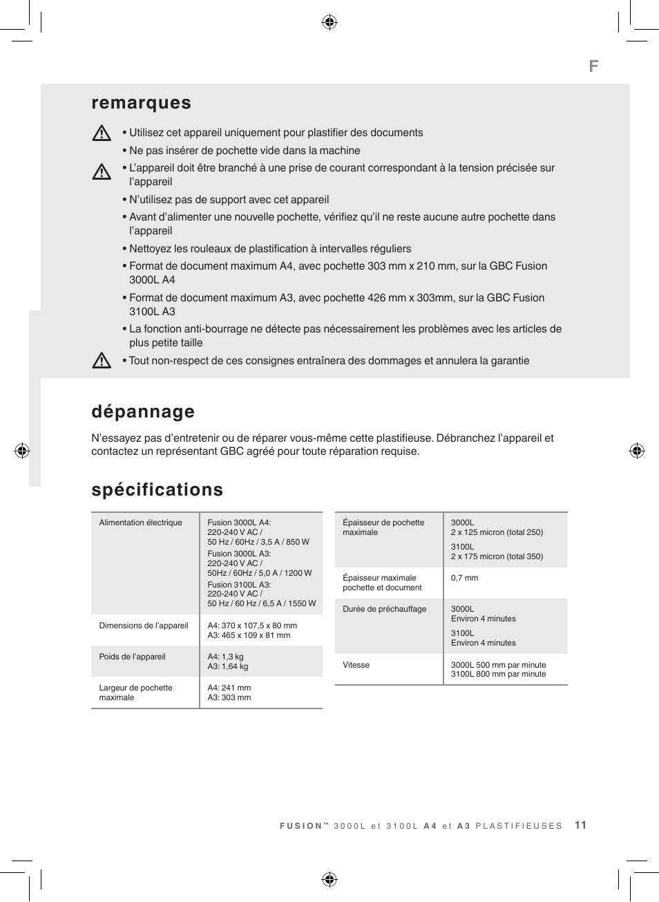 Mm m, Spécifications, Dépannage | Remarques | GBC 3100L EU Fusion User Manual | Page 11 / 108
