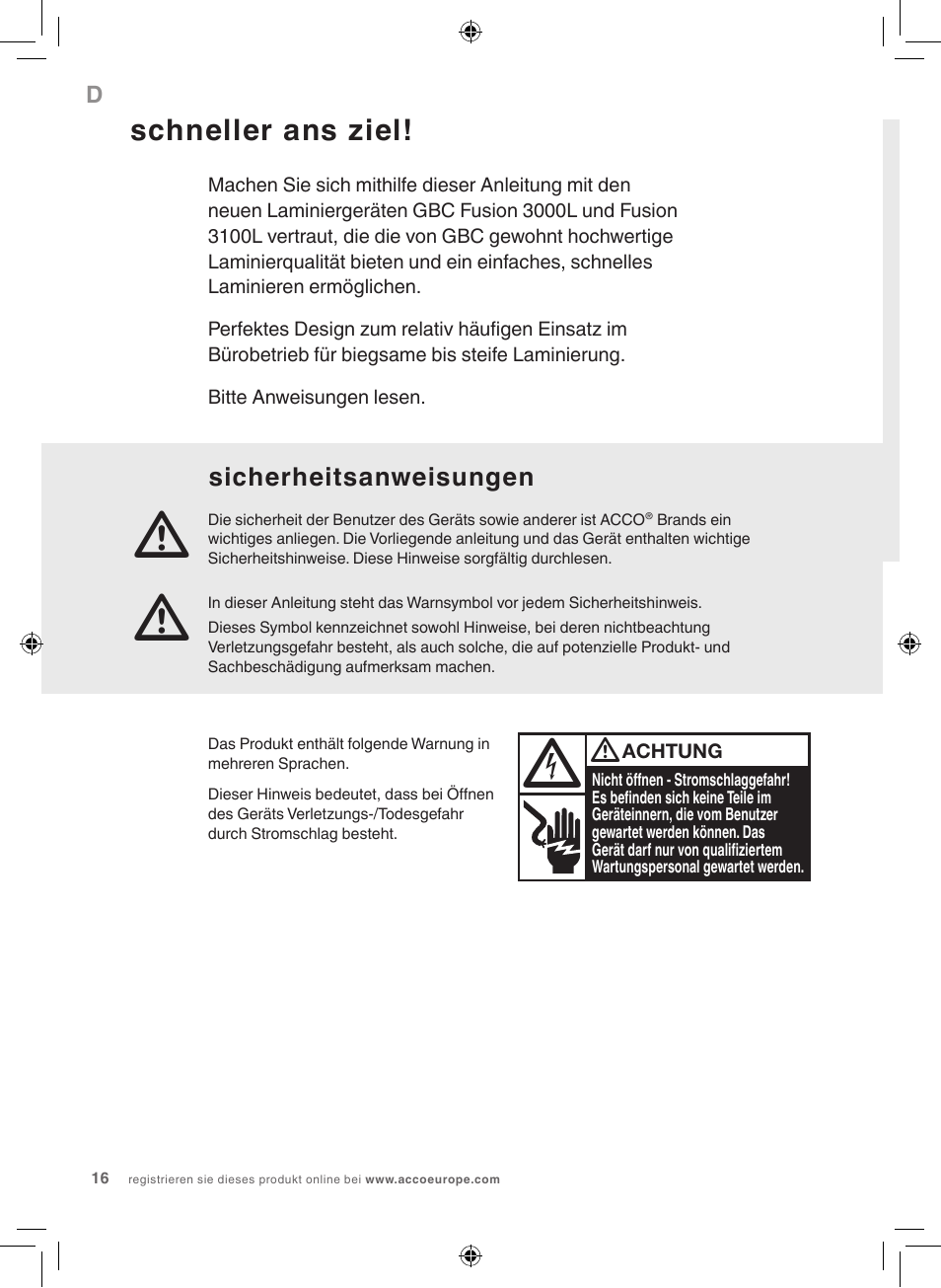 Schneller ans ziel, Sicherheitsanweisungen | GBC 3100L EU Fusion User Manual | Page 16 / 108