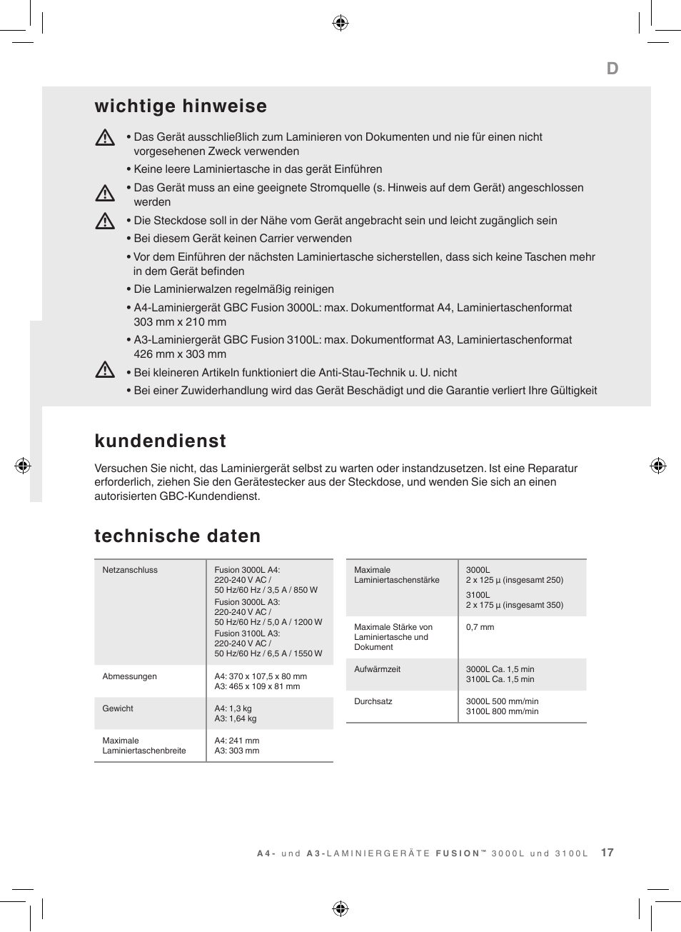 Mm m, Technische daten, Kundendienst | Wichtige hinweise | GBC 3100L EU Fusion User Manual | Page 17 / 108