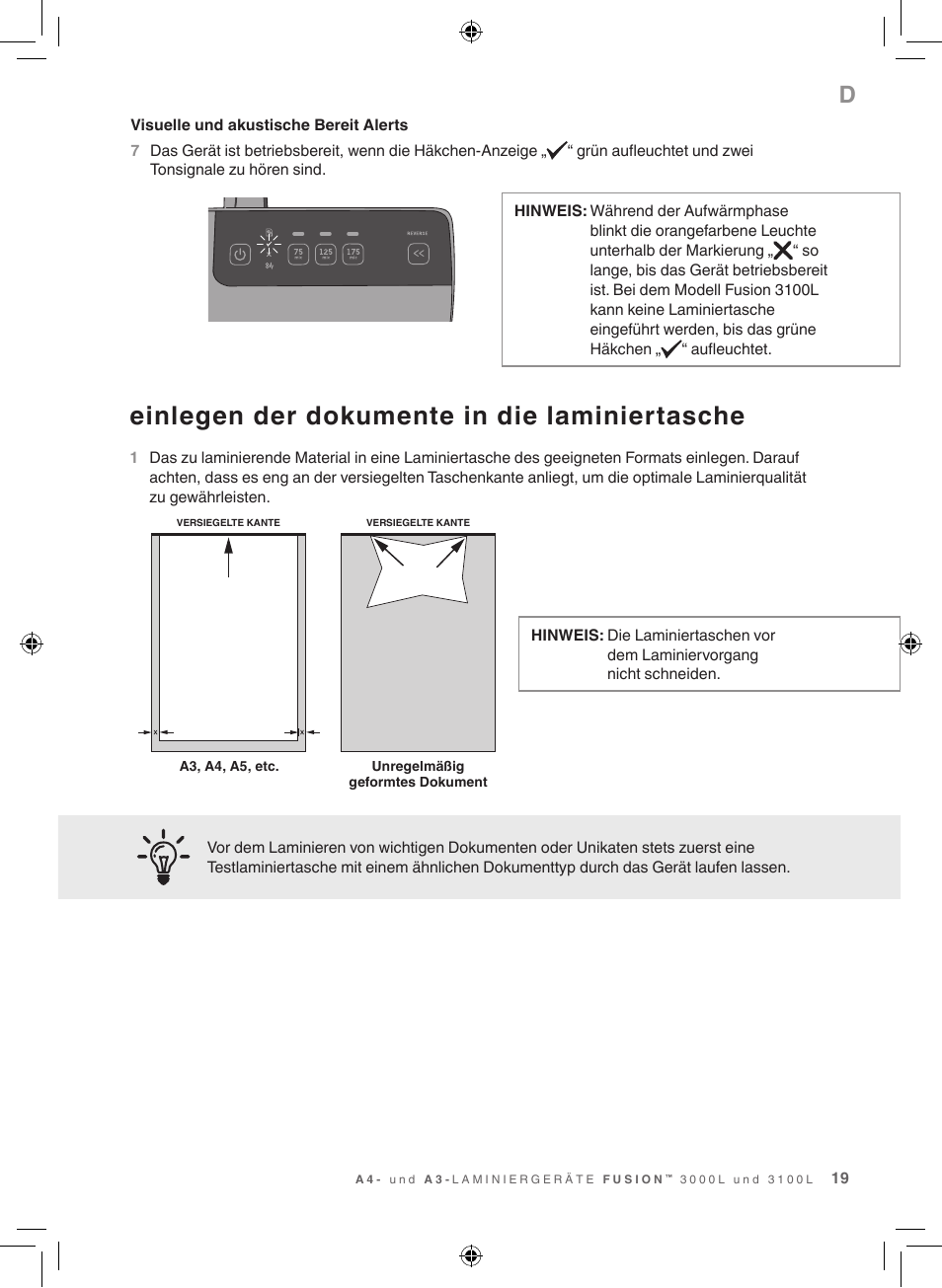 Einlegen der dokumente in die laminiertasche | GBC 3100L EU Fusion User Manual | Page 19 / 108