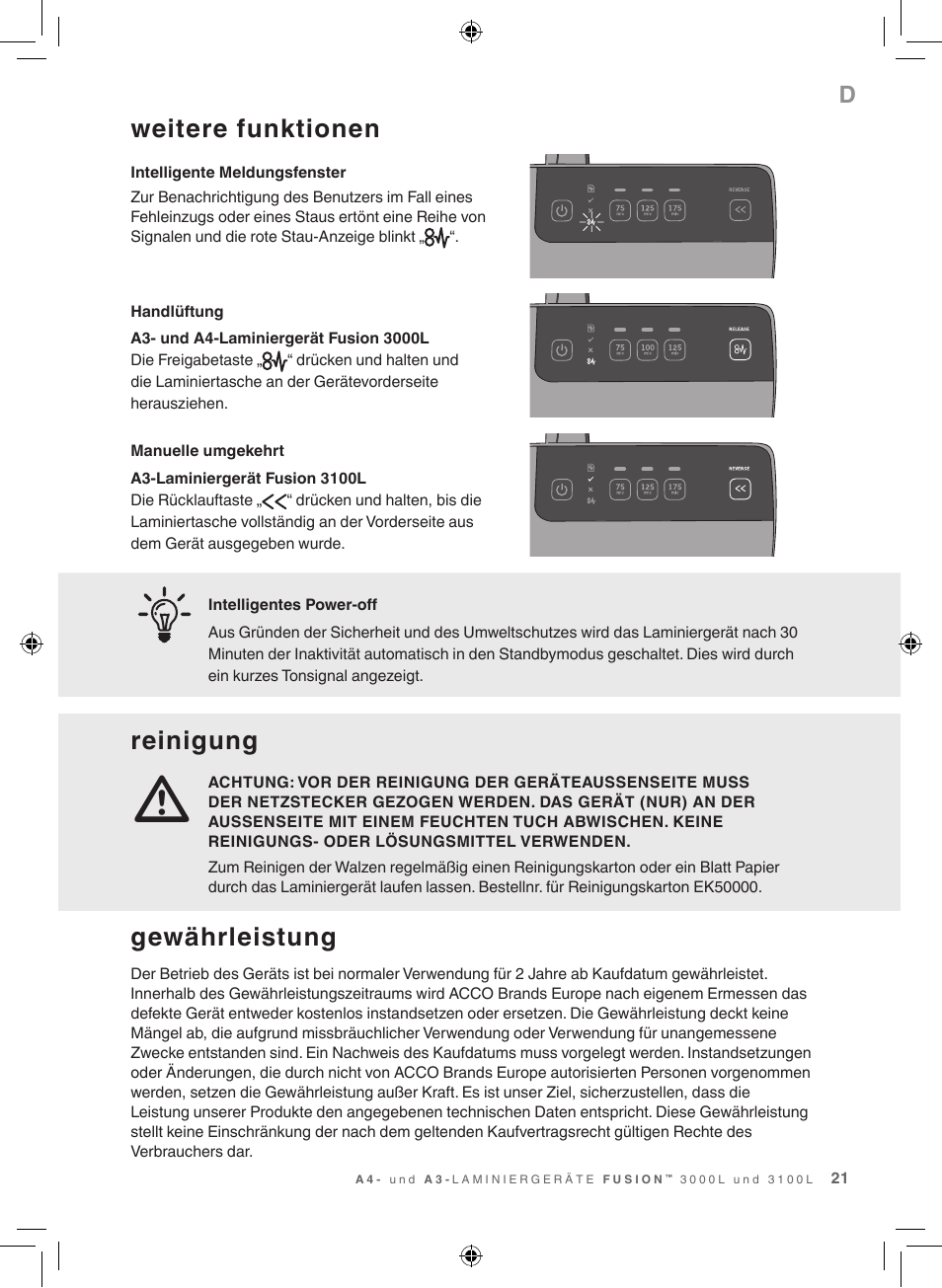 Weitere funktionen, Reinigung, Gewährleistung | GBC 3100L EU Fusion User Manual | Page 21 / 108
