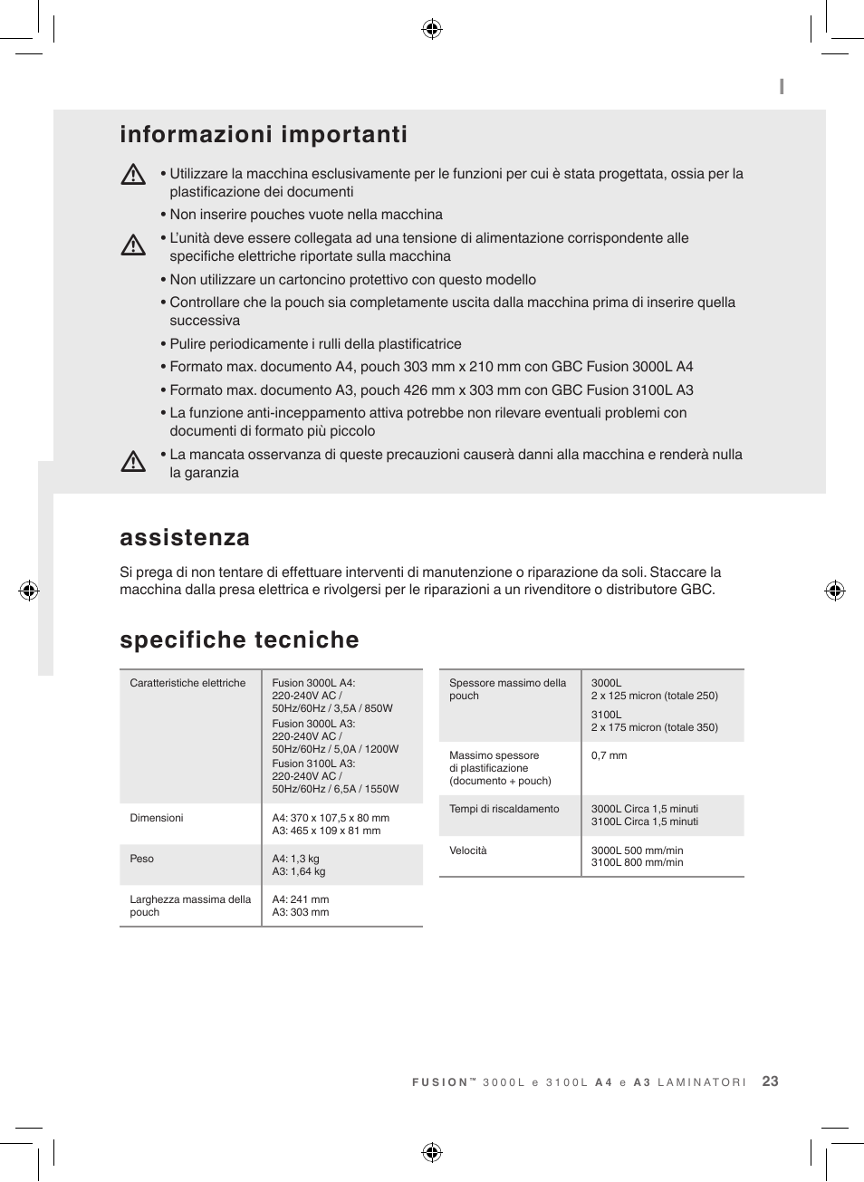 Assistenza, Informazioni importanti, Specifiche tecniche | GBC 3100L EU Fusion User Manual | Page 23 / 108