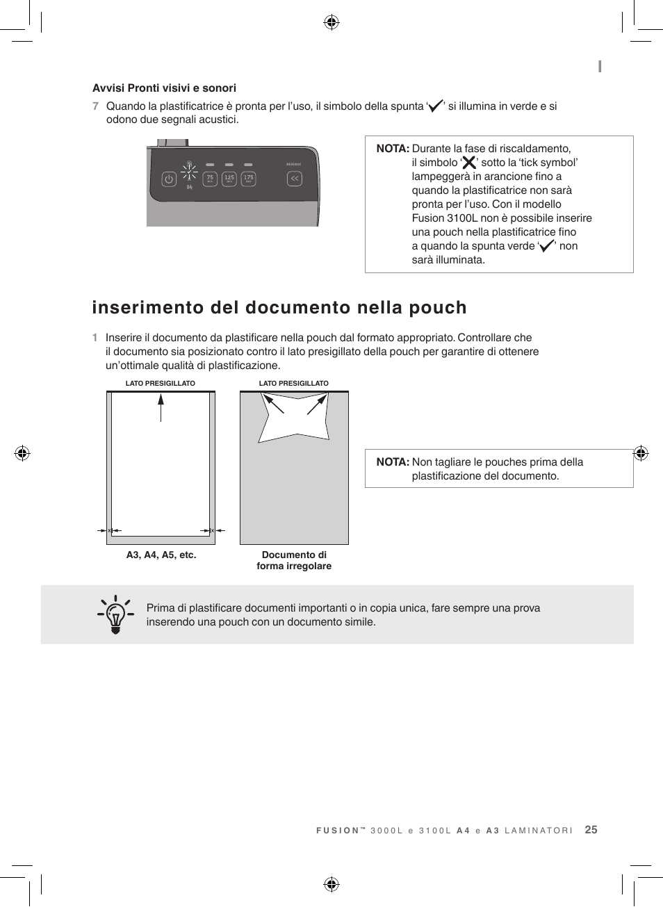 Inserimento del documento nella pouch | GBC 3100L EU Fusion User Manual | Page 25 / 108