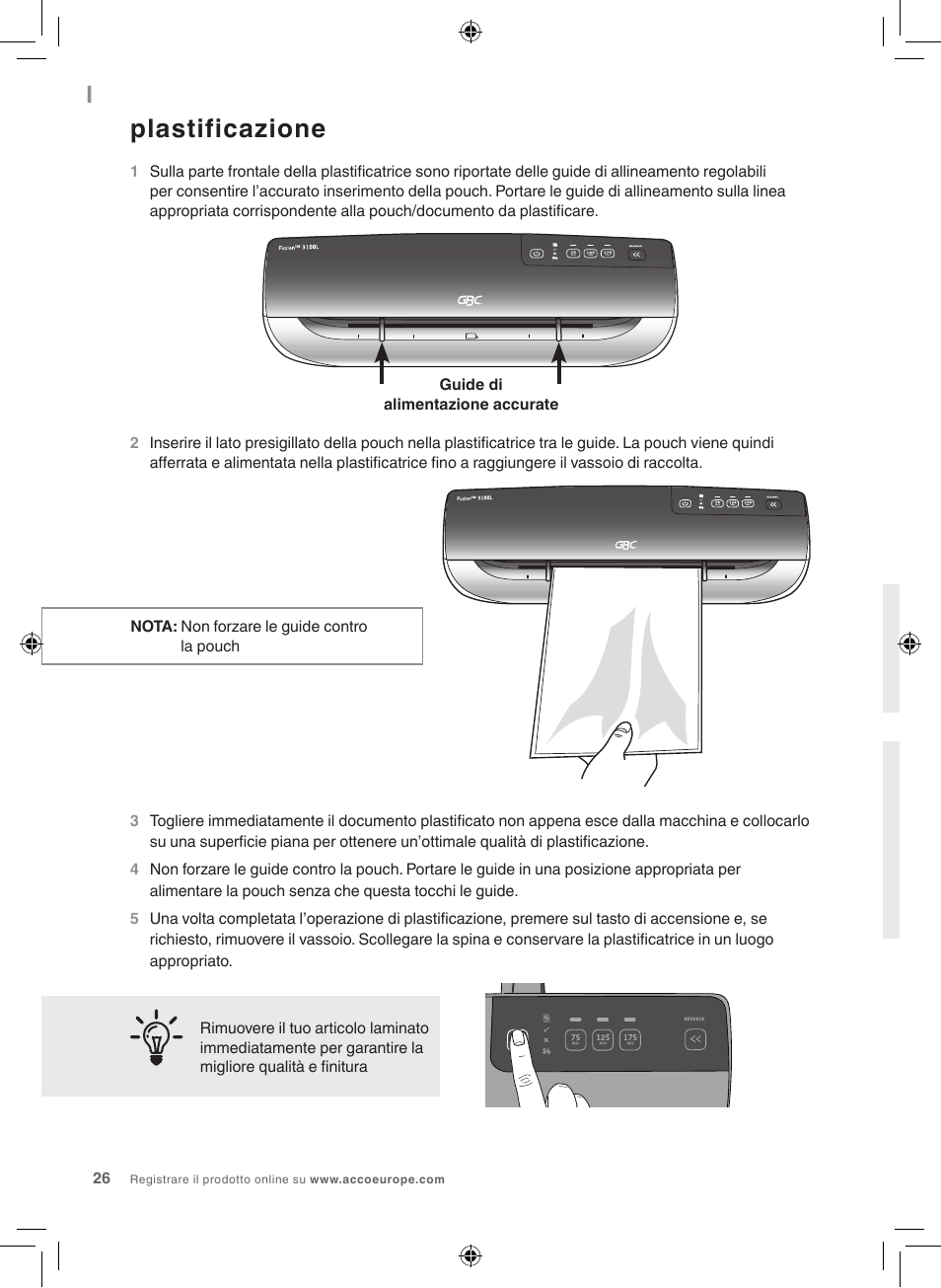 Plastificazione | GBC 3100L EU Fusion User Manual | Page 26 / 108