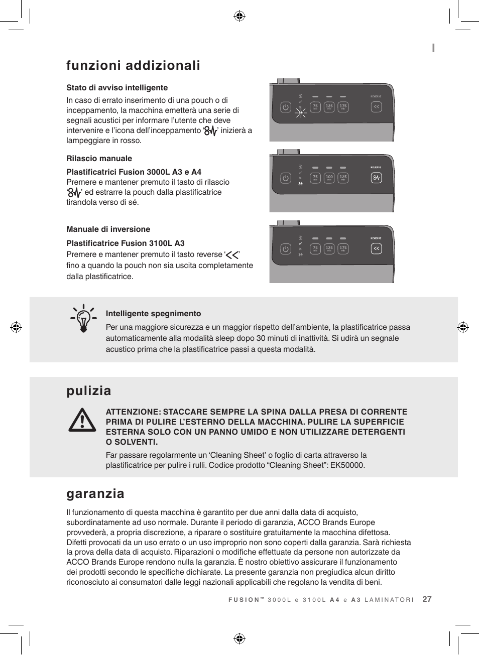 Funzioni addizionali, Pulizia, Garanzia | GBC 3100L EU Fusion User Manual | Page 27 / 108