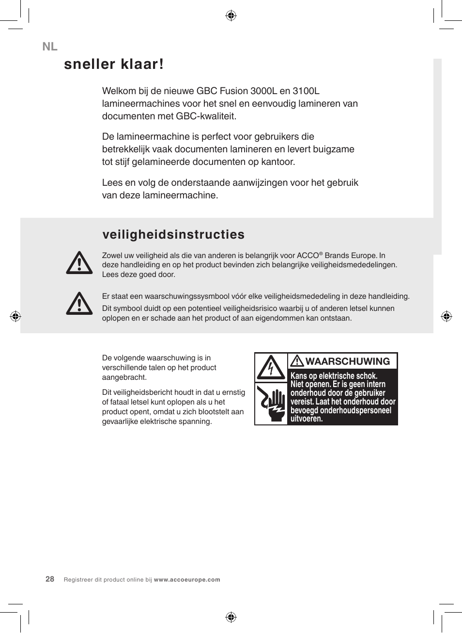 Sneller klaar, Veiligheidsinstructies | GBC 3100L EU Fusion User Manual | Page 28 / 108