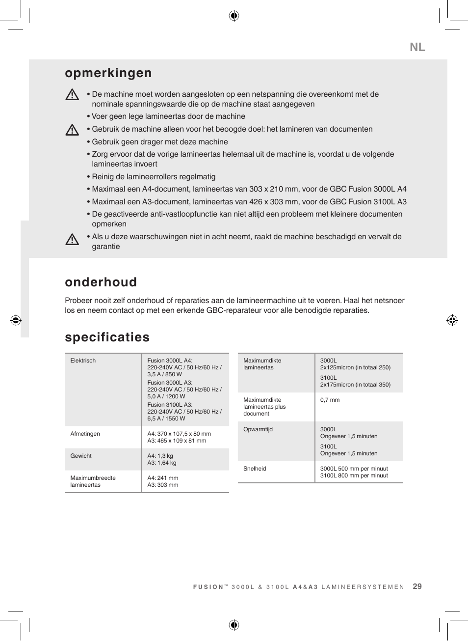 Specificaties, Onderhoud, Opmerkingen | GBC 3100L EU Fusion User Manual | Page 29 / 108