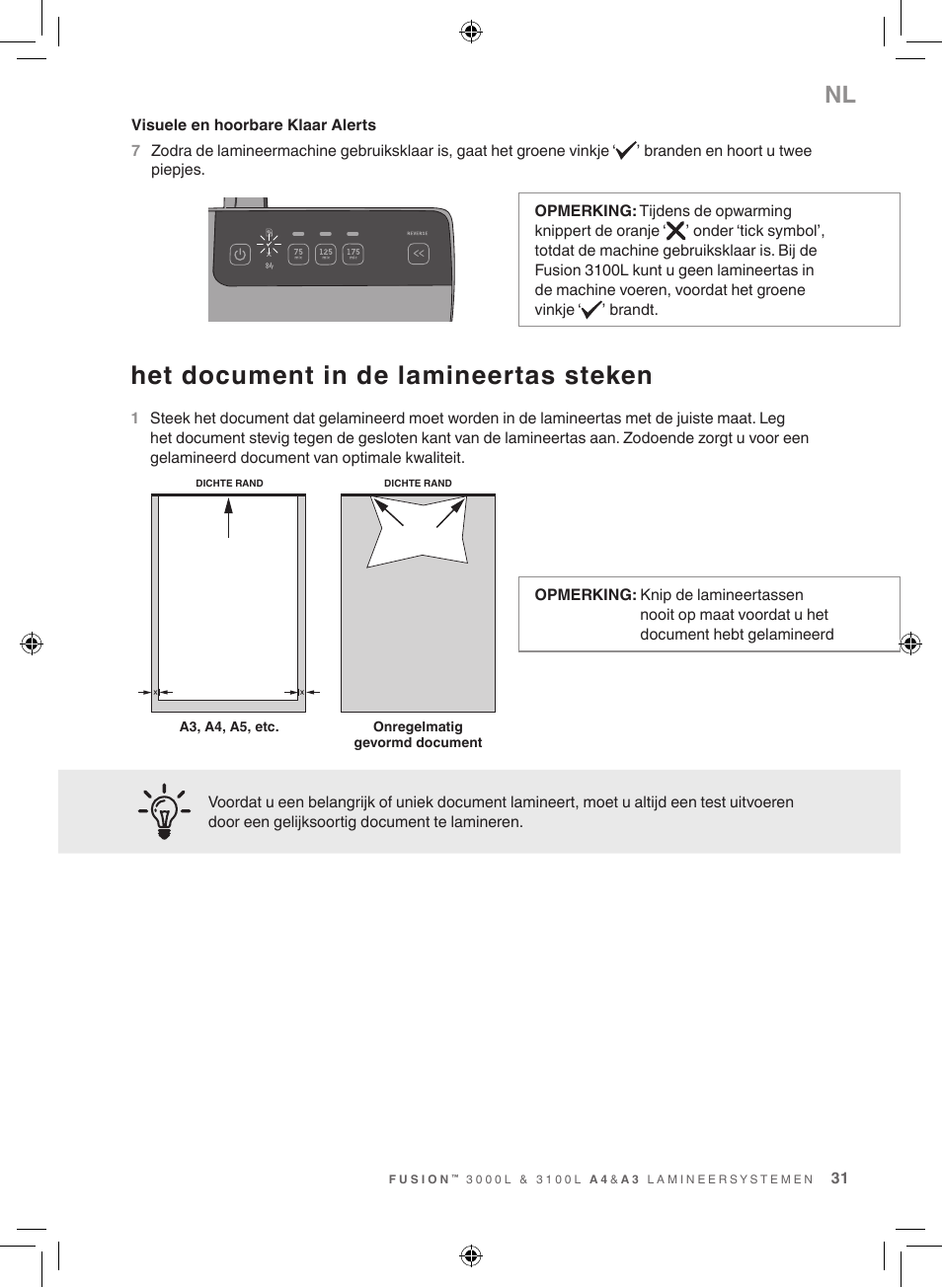 Het document in de lamineertas steken | GBC 3100L EU Fusion User Manual | Page 31 / 108