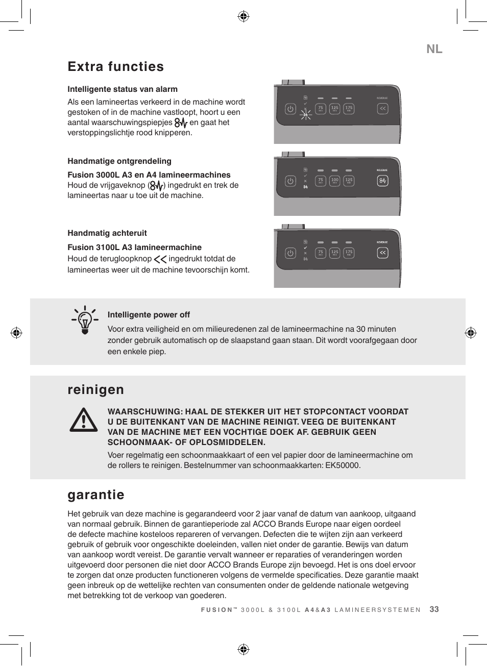 Extra functies, Reinigen, Garantie | GBC 3100L EU Fusion User Manual | Page 33 / 108