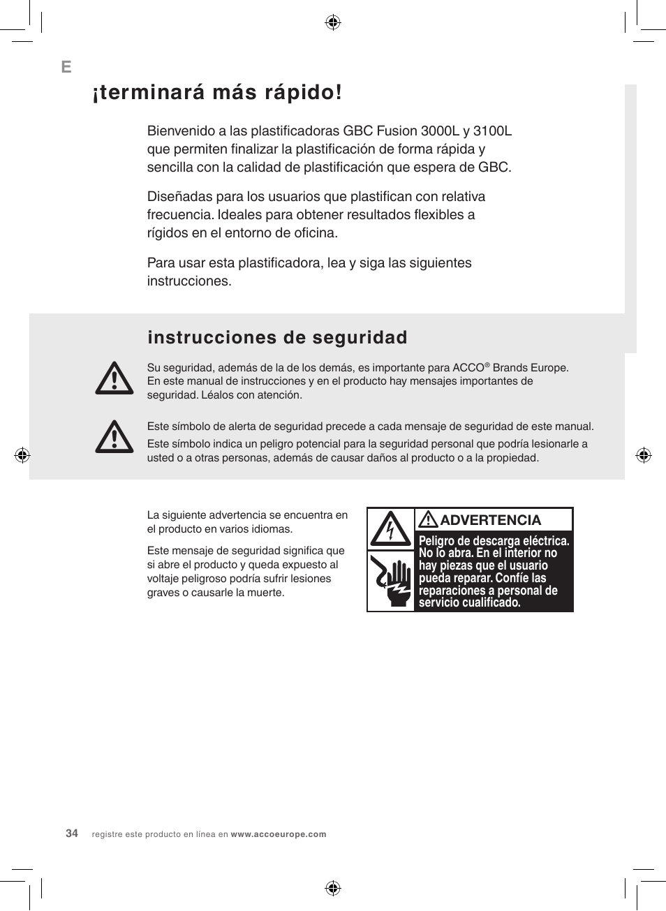Terminará más rápido, Instrucciones de seguridad | GBC 3100L EU Fusion User Manual | Page 34 / 108