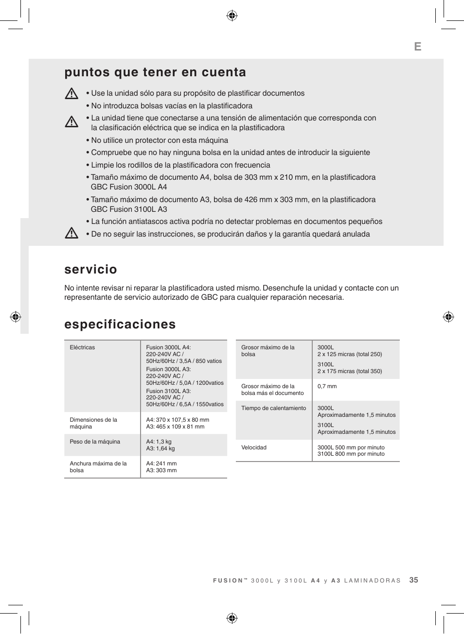 Especificaciones, Servicio, Puntos que tener en cuenta | GBC 3100L EU Fusion User Manual | Page 35 / 108