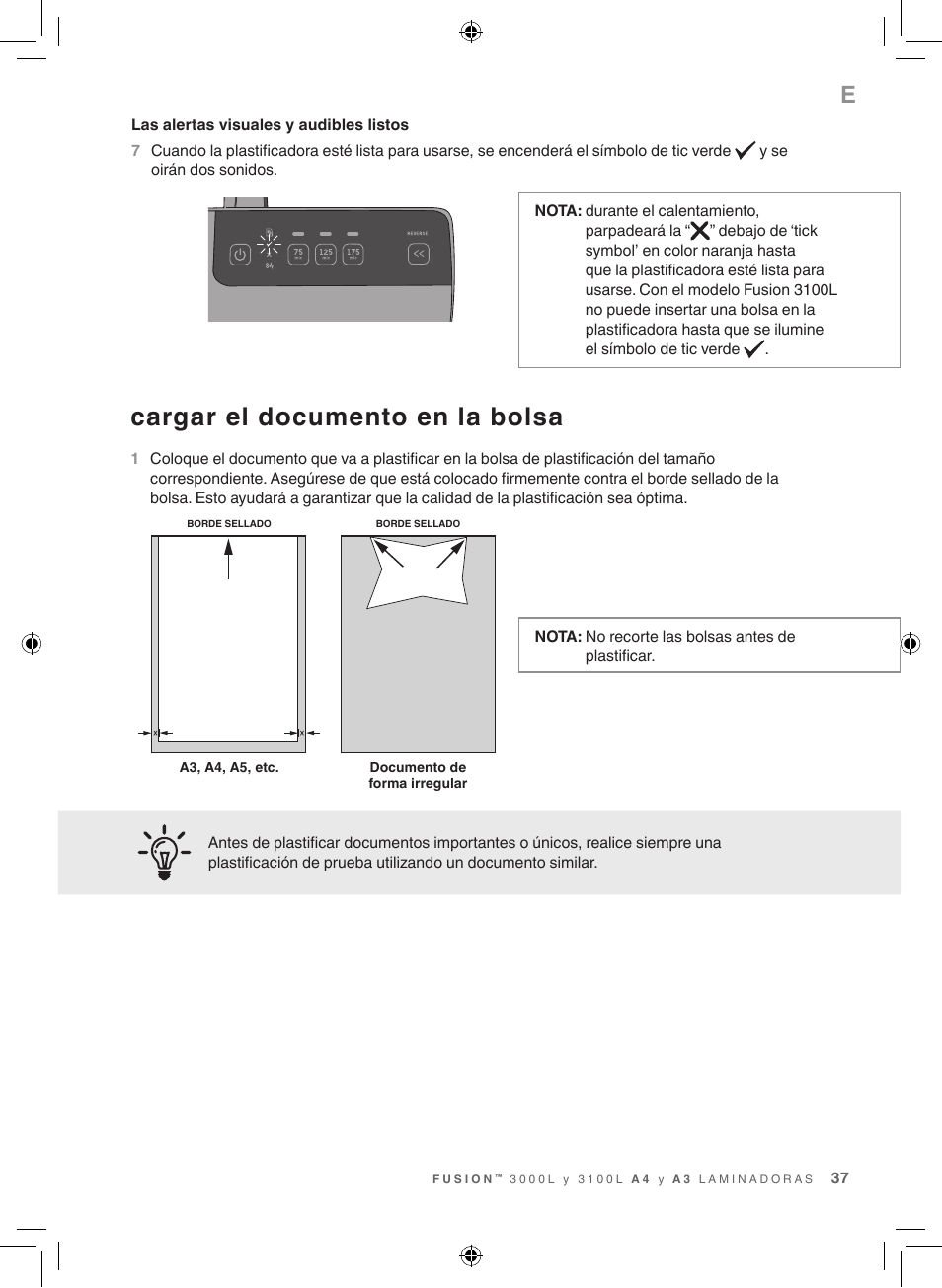 Cargar el documento en la bolsa | GBC 3100L EU Fusion User Manual | Page 37 / 108