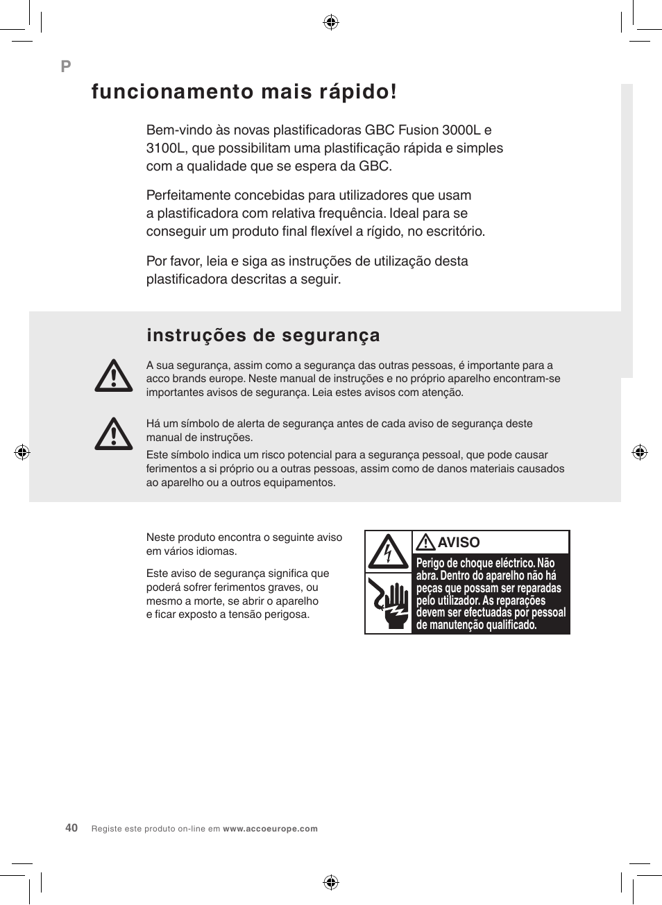 Funcionamento mais rápido | GBC 3100L EU Fusion User Manual | Page 40 / 108