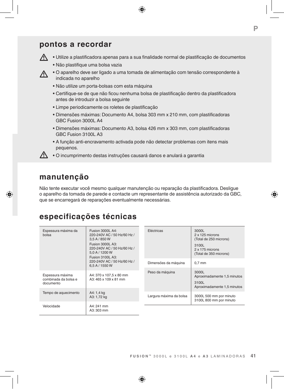 Mm m, Especificações técnicas, Manutenção | Pontos a recordar | GBC 3100L EU Fusion User Manual | Page 41 / 108