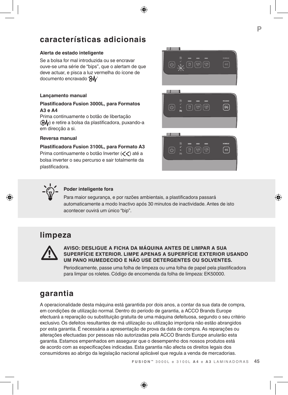 Características adicionais, Limpeza, Garantia | GBC 3100L EU Fusion User Manual | Page 45 / 108