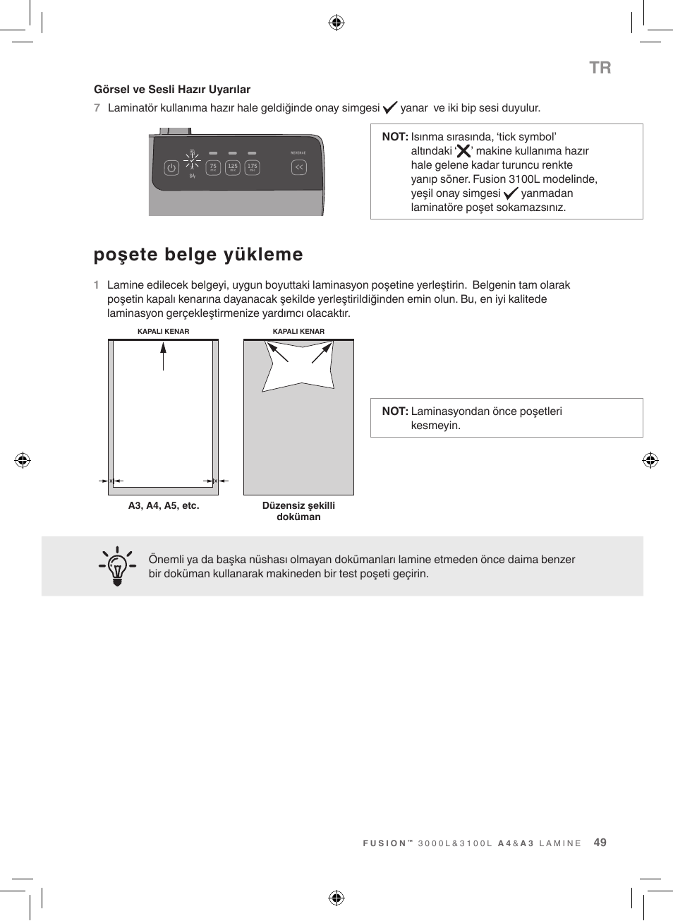 Poşete belge yükleme | GBC 3100L EU Fusion User Manual | Page 49 / 108