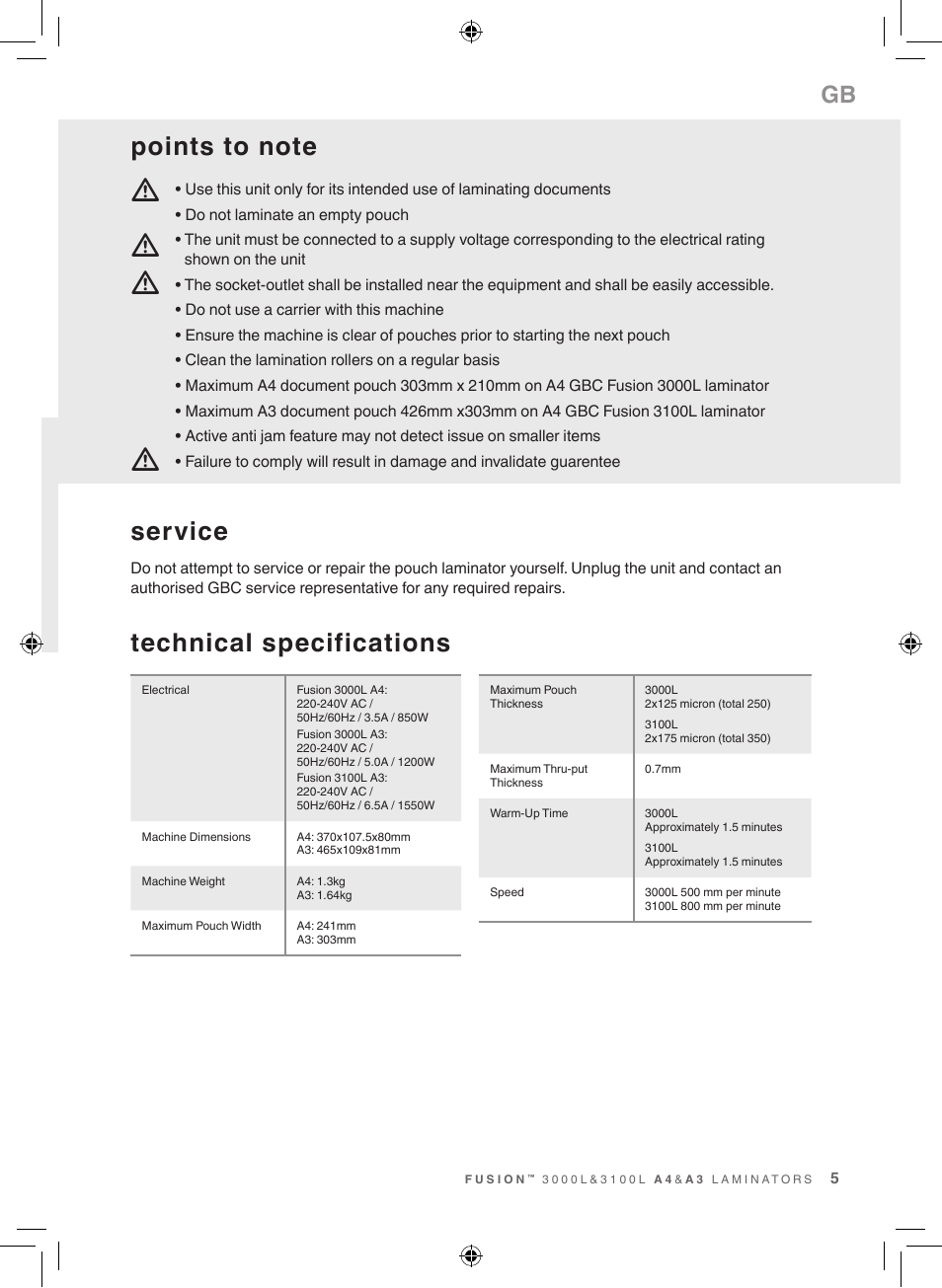 Mm m m, Technical specifications service | GBC 3100L EU Fusion User Manual | Page 5 / 108