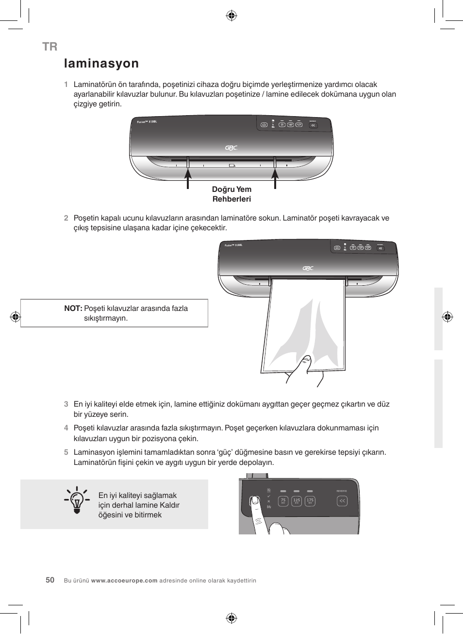 Laminasyon | GBC 3100L EU Fusion User Manual | Page 50 / 108