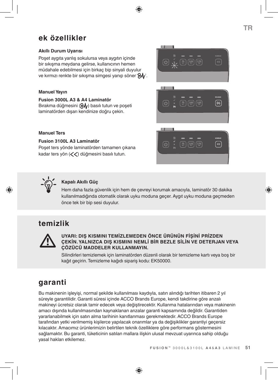 Ek özellikler, Temizlik, Garanti | GBC 3100L EU Fusion User Manual | Page 51 / 108