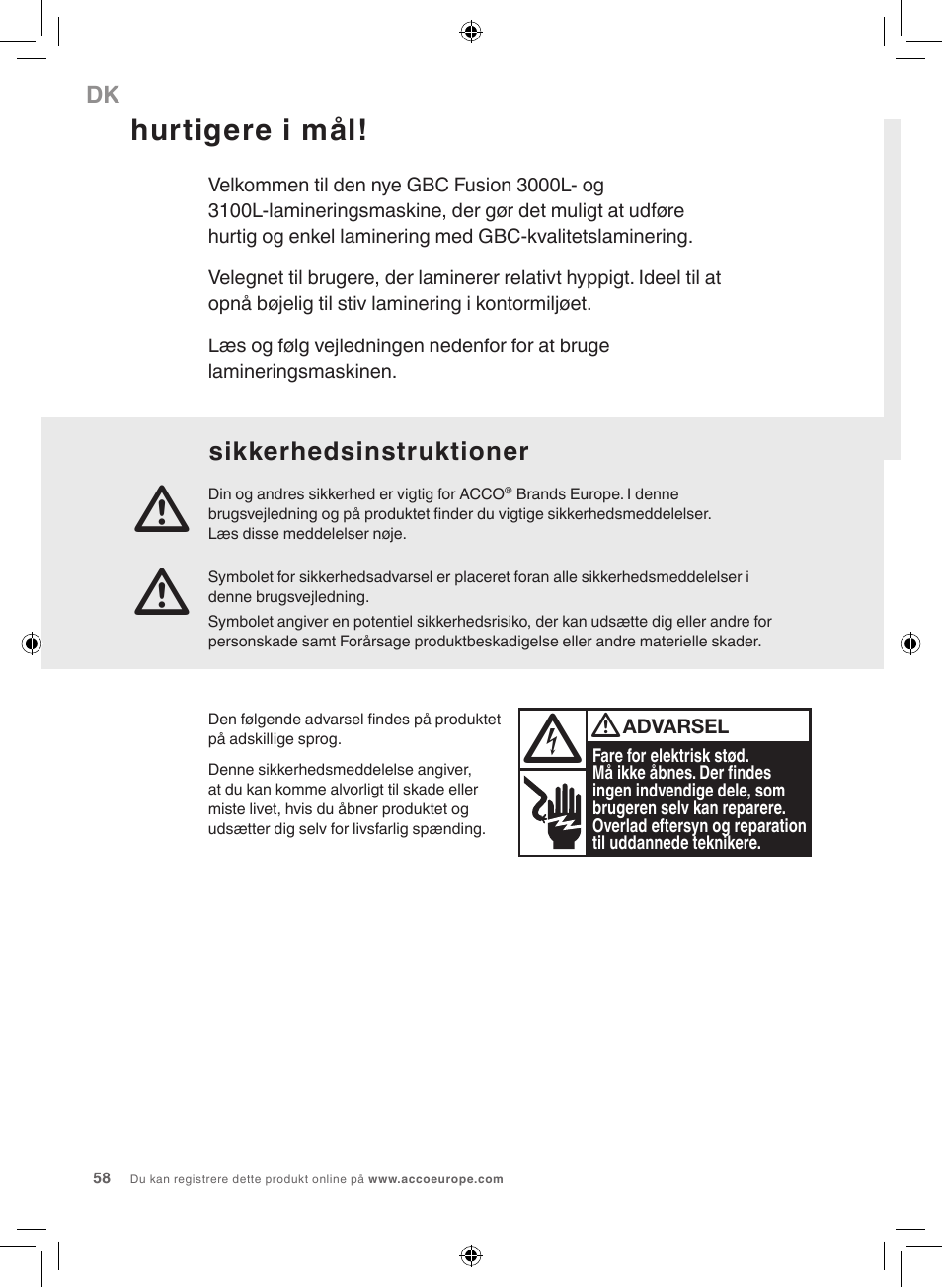 Hurtigere i mål, Sikkerhedsinstruktioner | GBC 3100L EU Fusion User Manual | Page 58 / 108