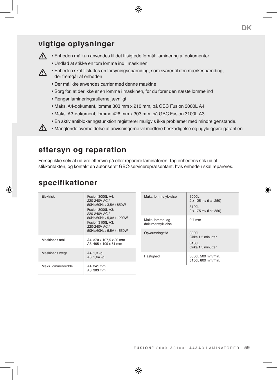 Mm m, Specifikationer, Eftersyn og reparation | Vigtige oplysninger | GBC 3100L EU Fusion User Manual | Page 59 / 108