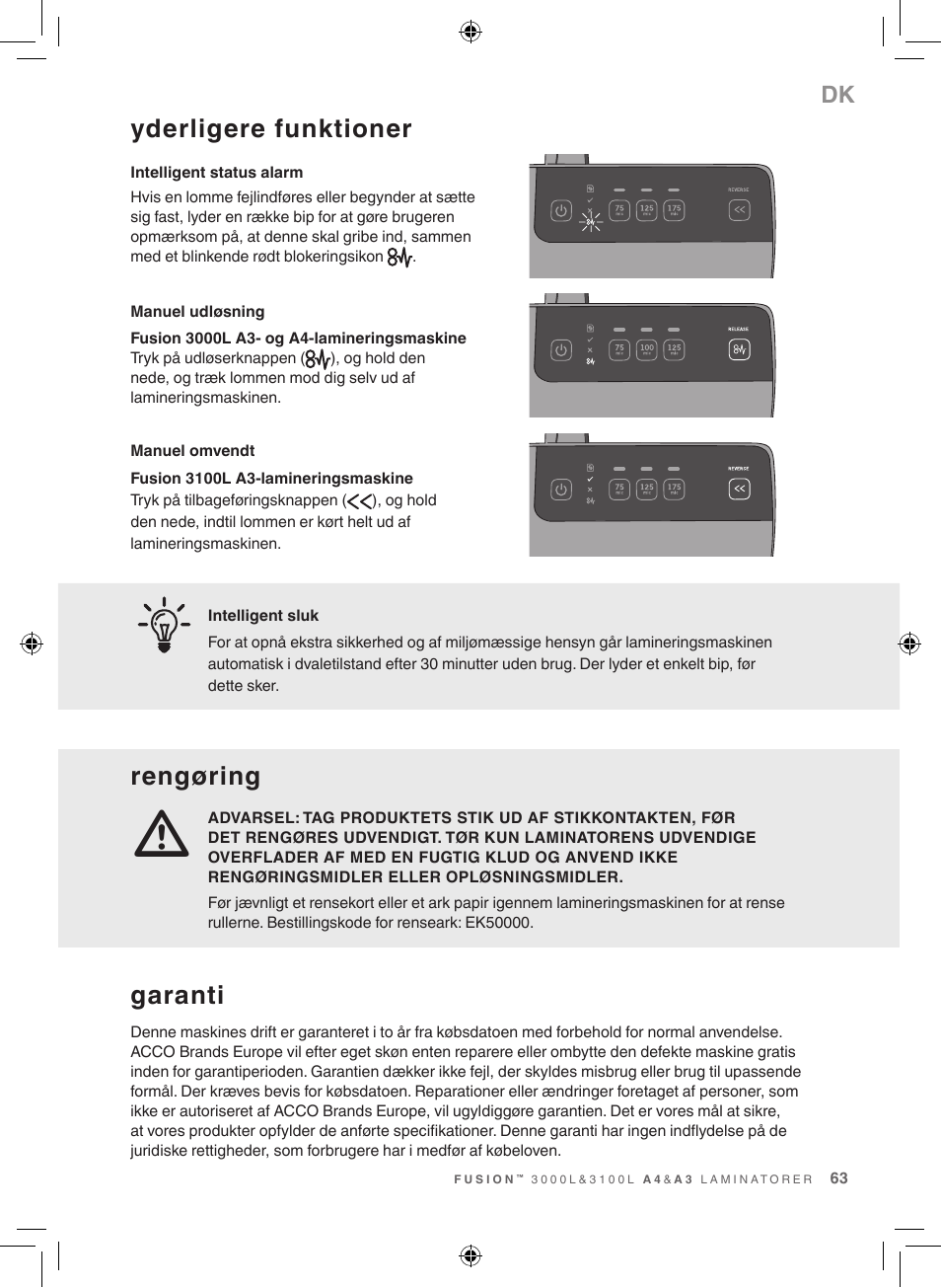 Yderligere funktioner, Rengøring, Garanti | GBC 3100L EU Fusion User Manual | Page 63 / 108