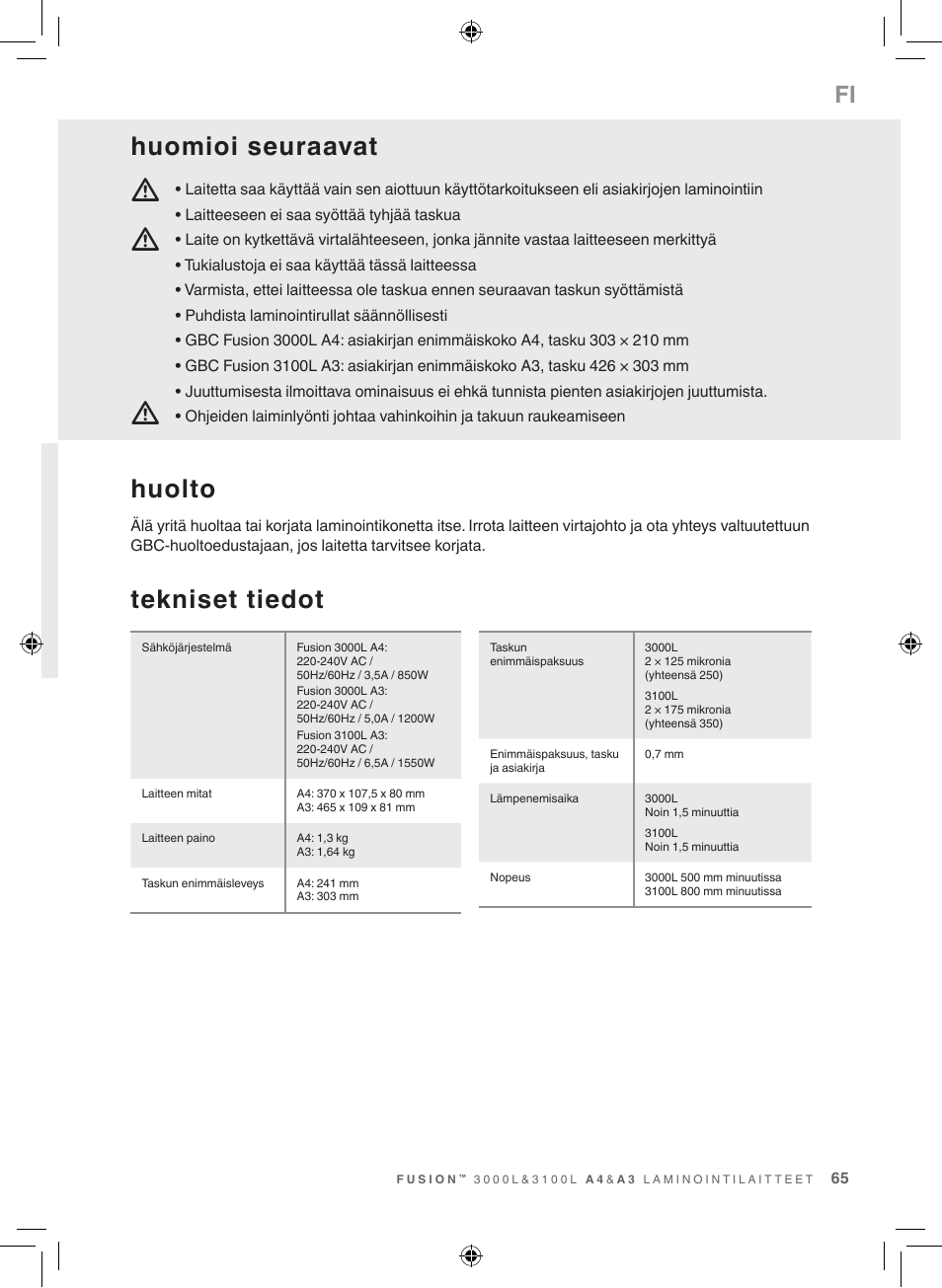 Mm m, Tekniset tiedot, Huolto | Huomioi seuraavat | GBC 3100L EU Fusion User Manual | Page 65 / 108