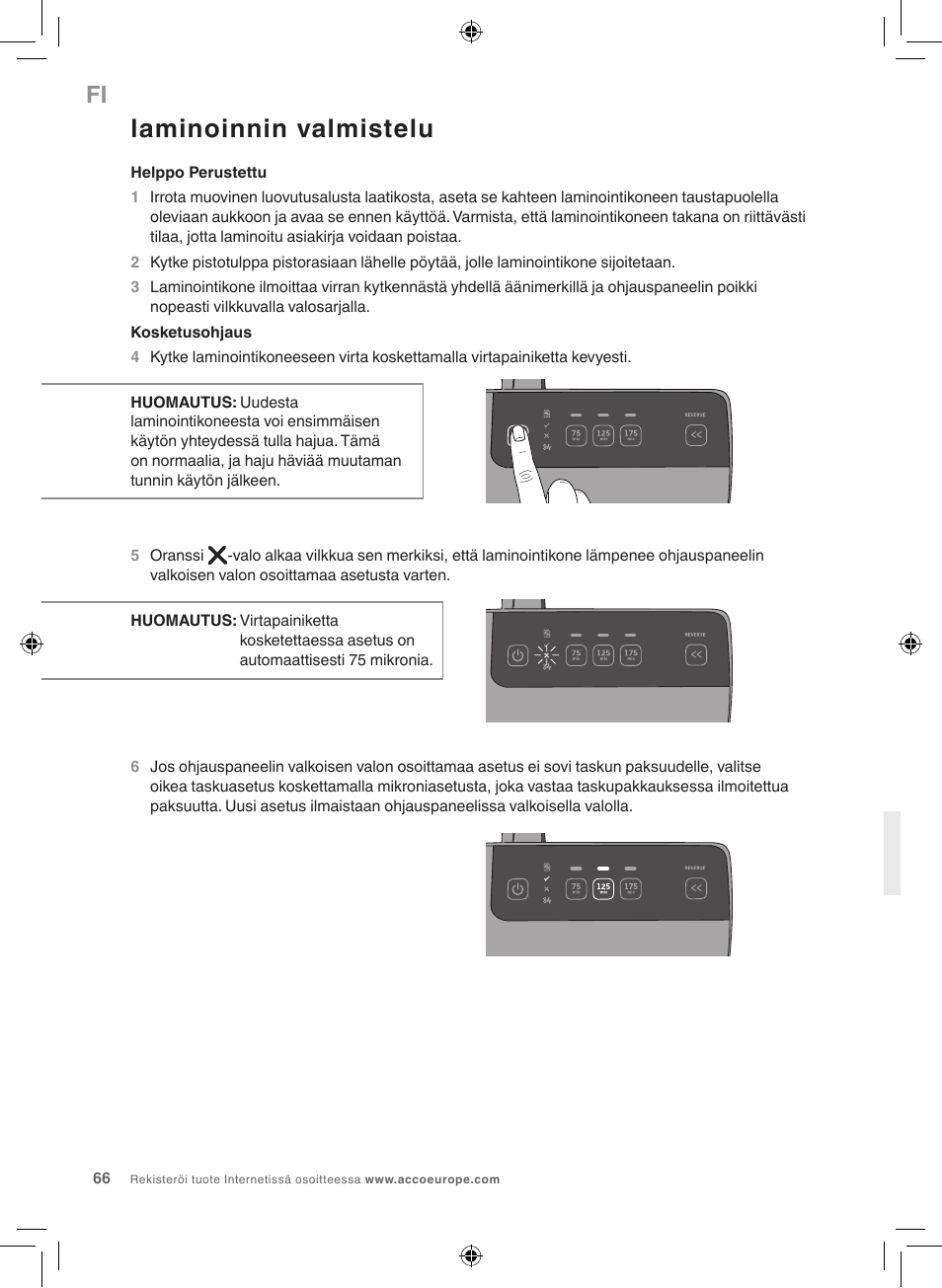 Laminoinnin valmistelu | GBC 3100L EU Fusion User Manual | Page 66 / 108