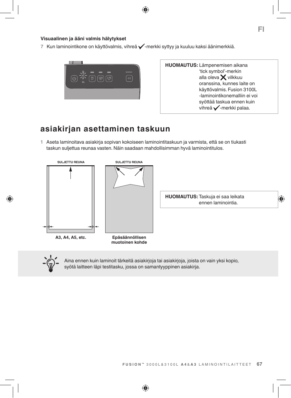 Asiakirjan asettaminen taskuun | GBC 3100L EU Fusion User Manual | Page 67 / 108