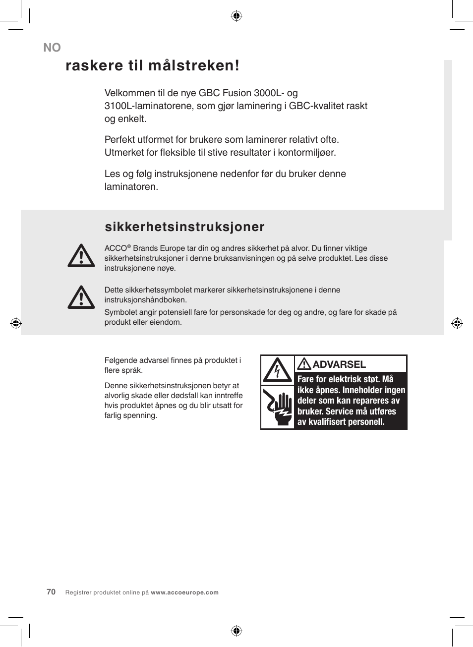 Raskere til målstreken, Sikkerhetsinstruksjoner | GBC 3100L EU Fusion User Manual | Page 70 / 108