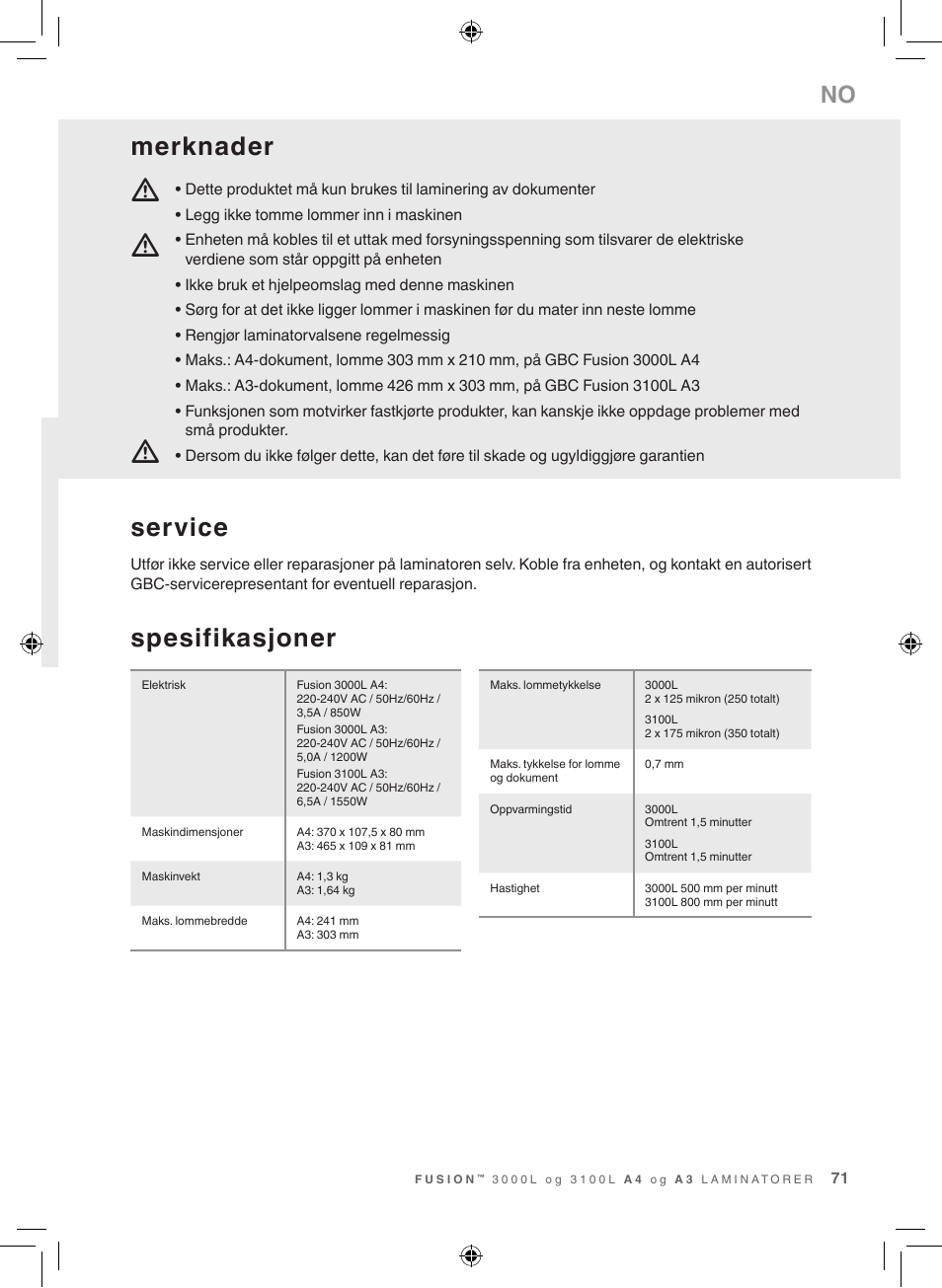 Mm m, Spesifikasjoner, Service | Merknader | GBC 3100L EU Fusion User Manual | Page 71 / 108