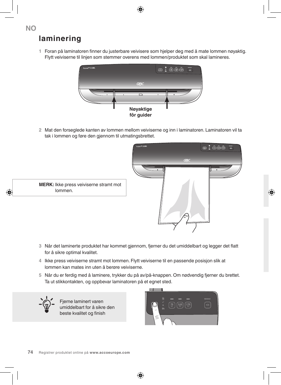 Laminering | GBC 3100L EU Fusion User Manual | Page 74 / 108
