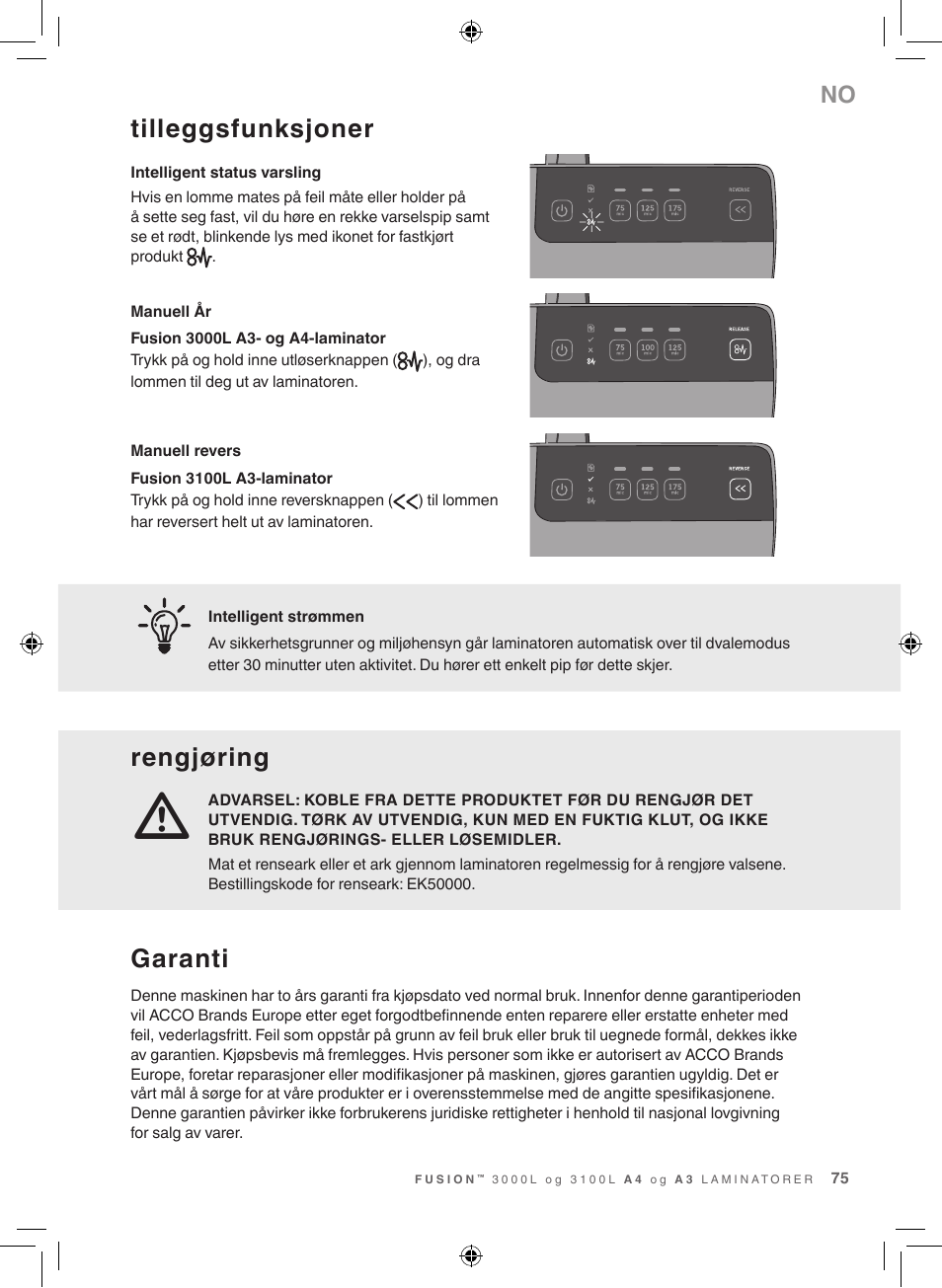 Tilleggsfunksjoner, Rengjøring, Garanti | GBC 3100L EU Fusion User Manual | Page 75 / 108